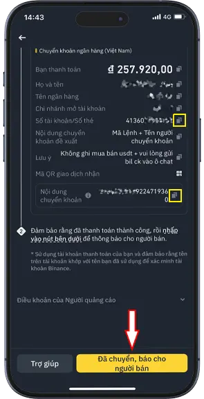Bước 6: Kiểm tra xác nhân lại thông tin người bán, và chuvển khoản tới thông tin trên. Nhấn xác nhận đã chuyển sau khichuyển khoản thành công